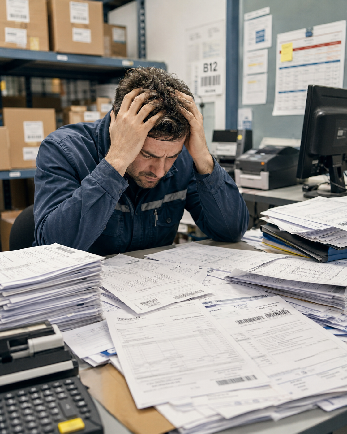 Warehouse operator handling paper delivery notes