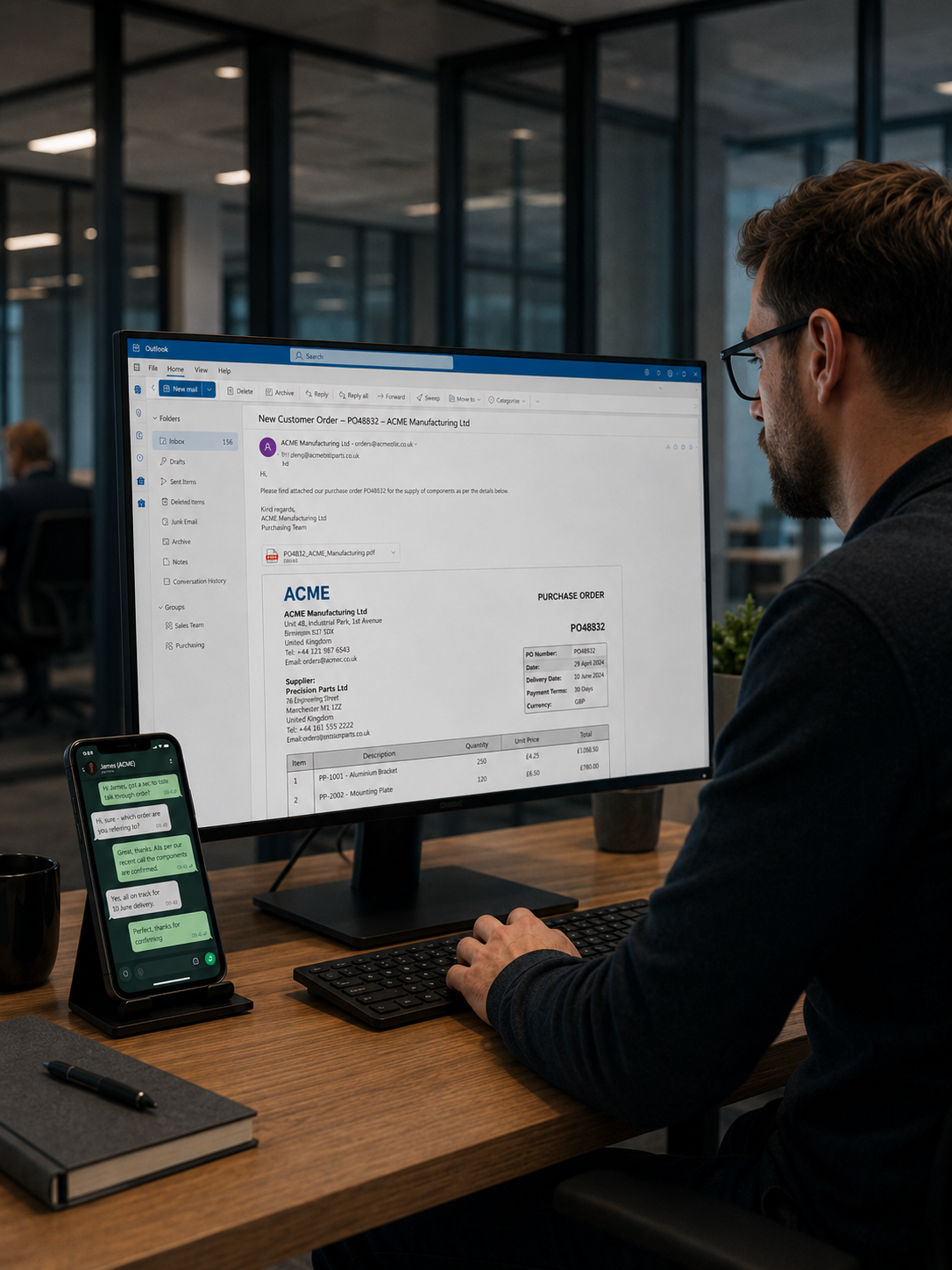 Sales rep manually retyping a customer order from email into the ERP