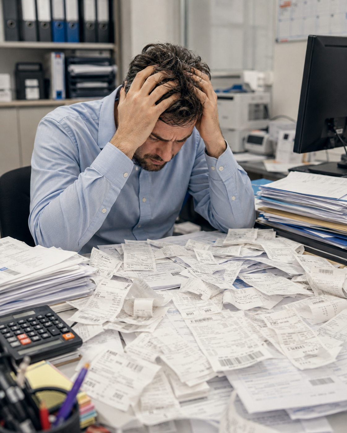 Receipts and expense documents piling up on an administration desk