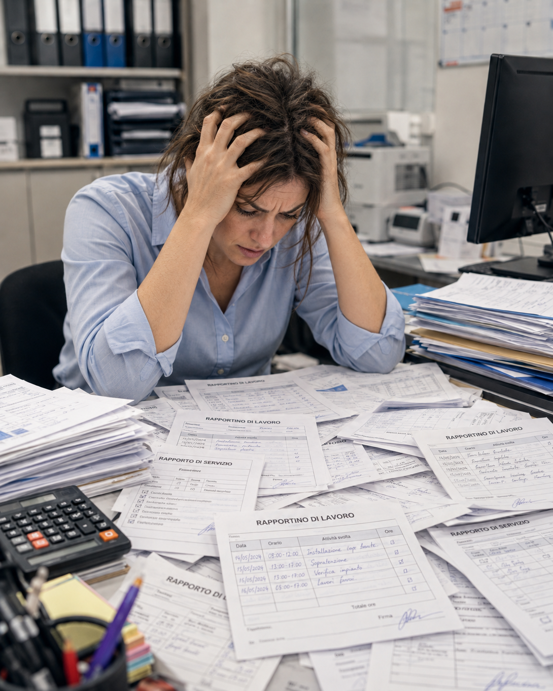 Paper work reports waiting to be keyed in at the back office